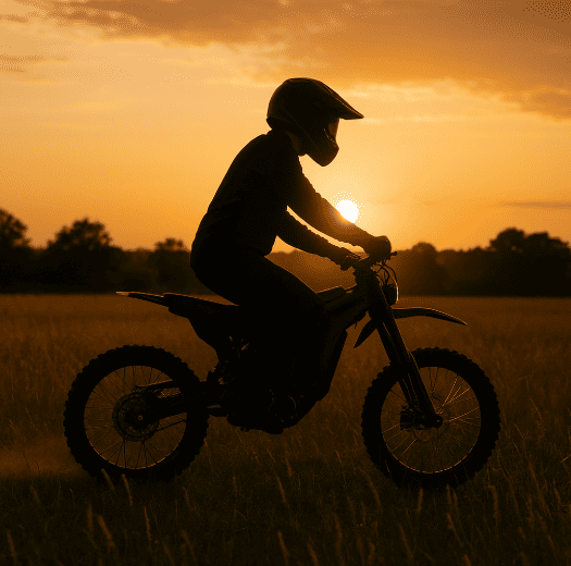 Silhouetted rider on an electric dirt bike gliding quietly across a field at sunset. The glowing sky creates a warm backdrop, while the bike moves with minimal disruption to the natural landscape. 