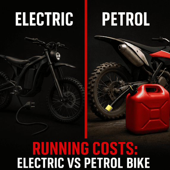 A split graphic comparing the running costs of electric and petrol dirt bikes in Rev Monkey UK branding style. The left side shows a black electric dirt bike with a glowing green charging cable, while the right side shows a red petrol can beside a motocross bike. A bold red divider separates the two halves, with strong white and red typography reading “Running Costs: Electric vs Petrol Bike”.