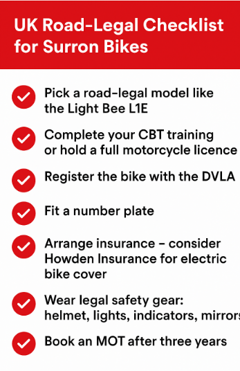 UK road-legal checklist for Surron bikes showing steps like choosing Light Bee L1E, completing CBT, registering with DVLA, fitting a number plate, arranging insurance, wearing safety gear, and booking MOT.