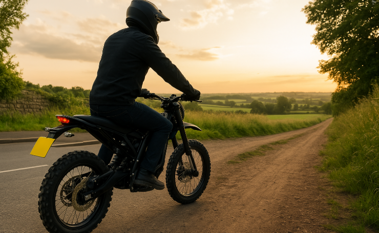a biker riding towards the sunset on a quiet dirt road