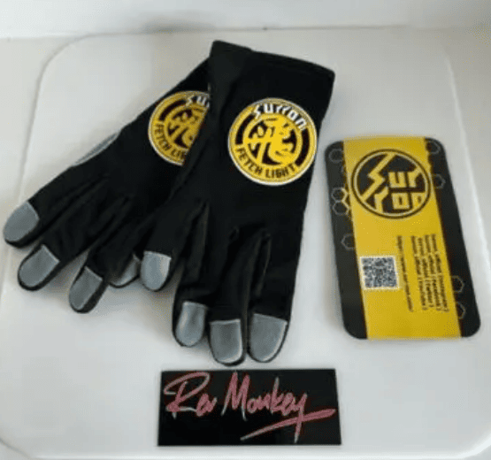 Genuine, factory original, OEM gloves with black synthetic upper and grey hide lower.