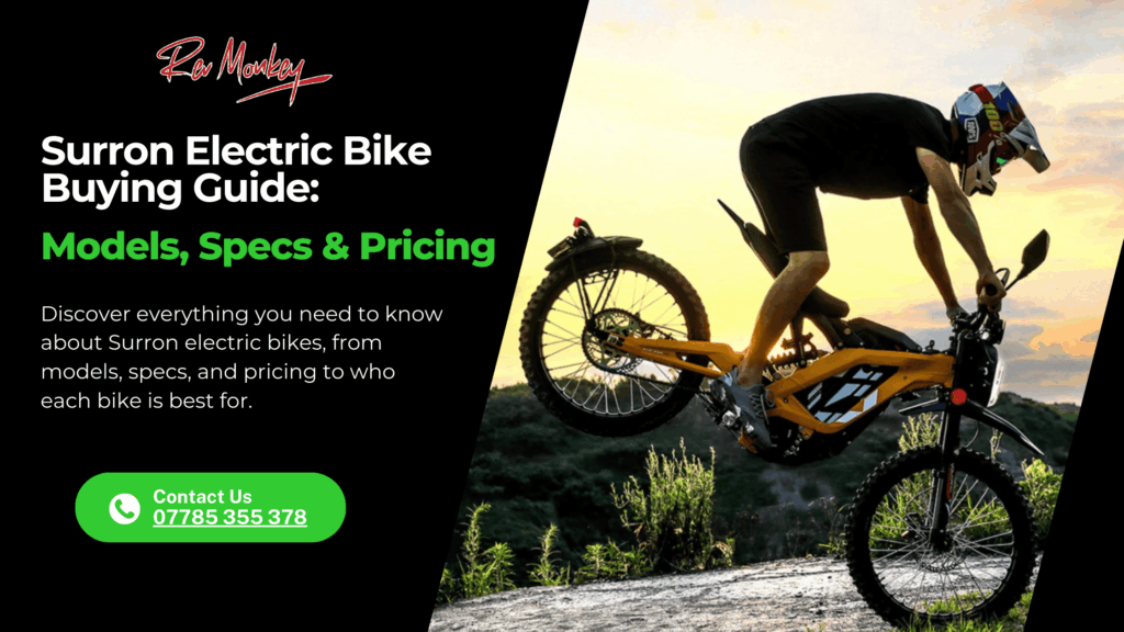 An original infographic for Surron electric bike buying guide: models, specs & pricing.